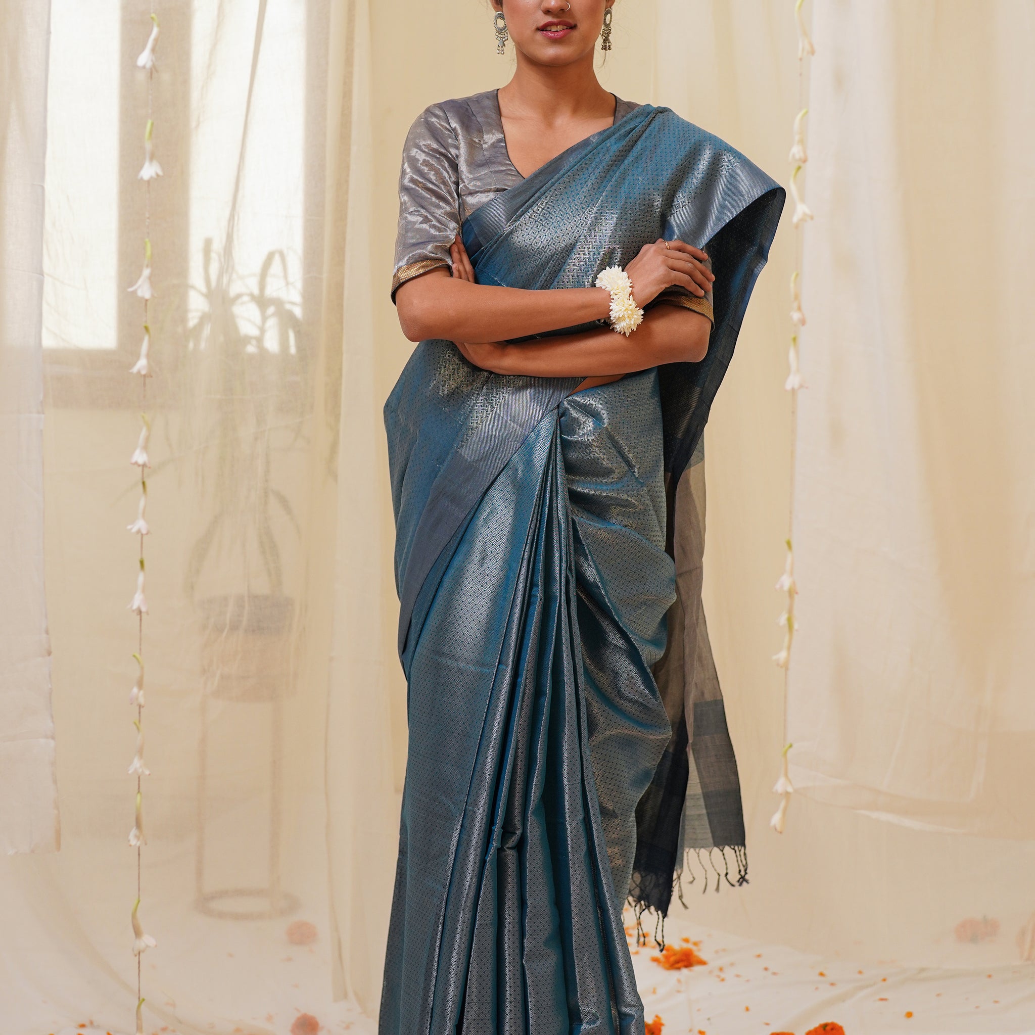 Dual Tone Chambary Blue and Silver Pure Tissue Silk Maheshwari Saree with Zari Pattern All Over