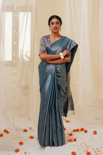 Dual Tone Chambary Blue and Silver Pure Tissue Silk Maheshwari Saree with Zari Pattern All Over