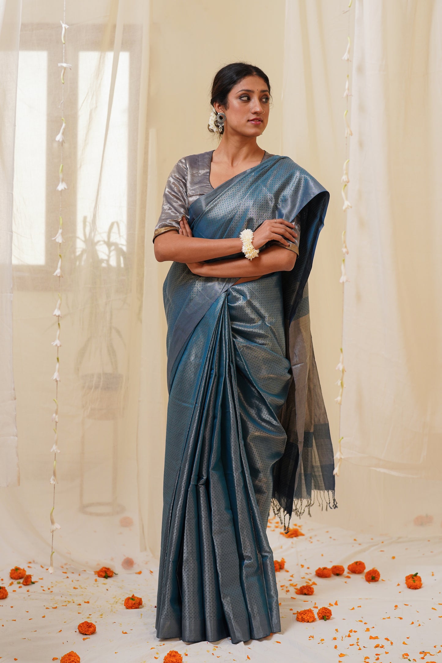 Dual Tone Chambary Blue and Silver Pure Tissue Silk Maheshwari Saree with Zari Pattern All Over