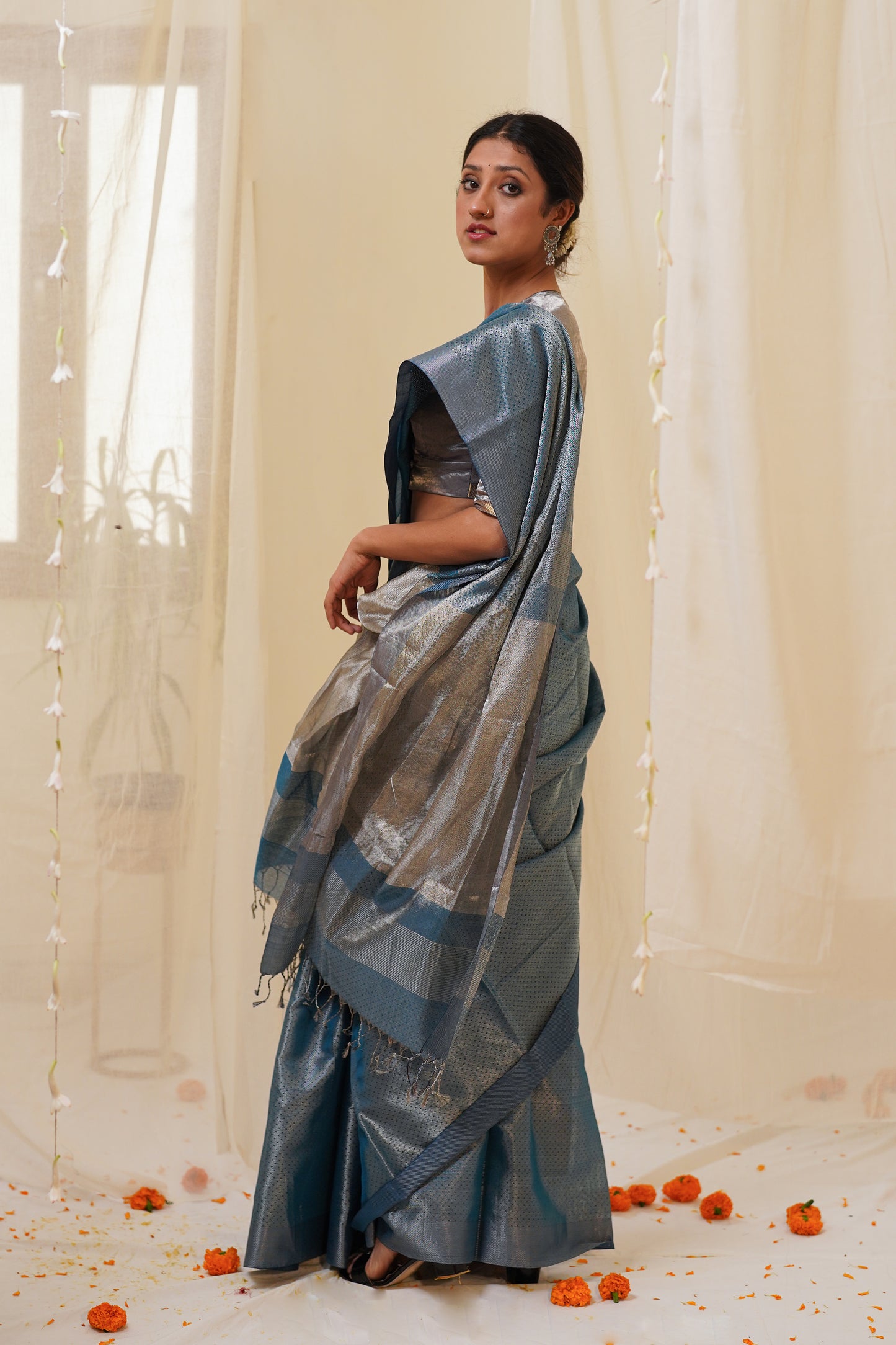 Dual Tone Chambary Blue and Silver Pure Tissue Silk Maheshwari Saree with Zari Pattern All Over