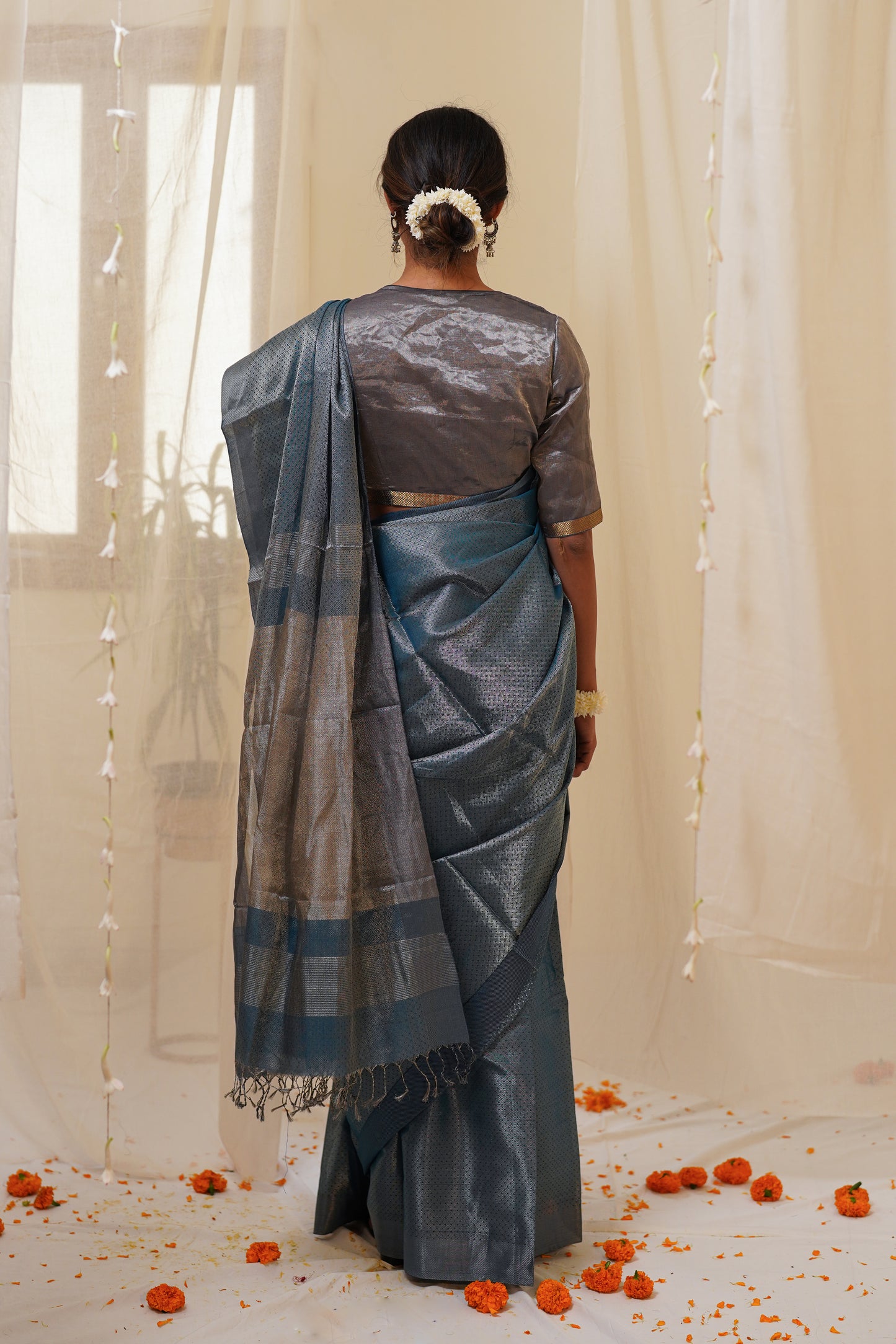 Dual Tone Chambary Blue and Silver Pure Tissue Silk Maheshwari Saree with Zari Pattern All Over