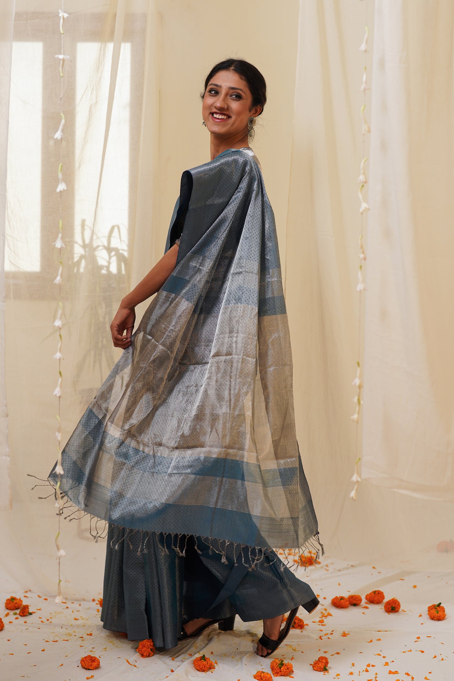 Dual Tone Chambary Blue and Silver Pure Tissue Silk Maheshwari Saree with Zari Pattern All Over