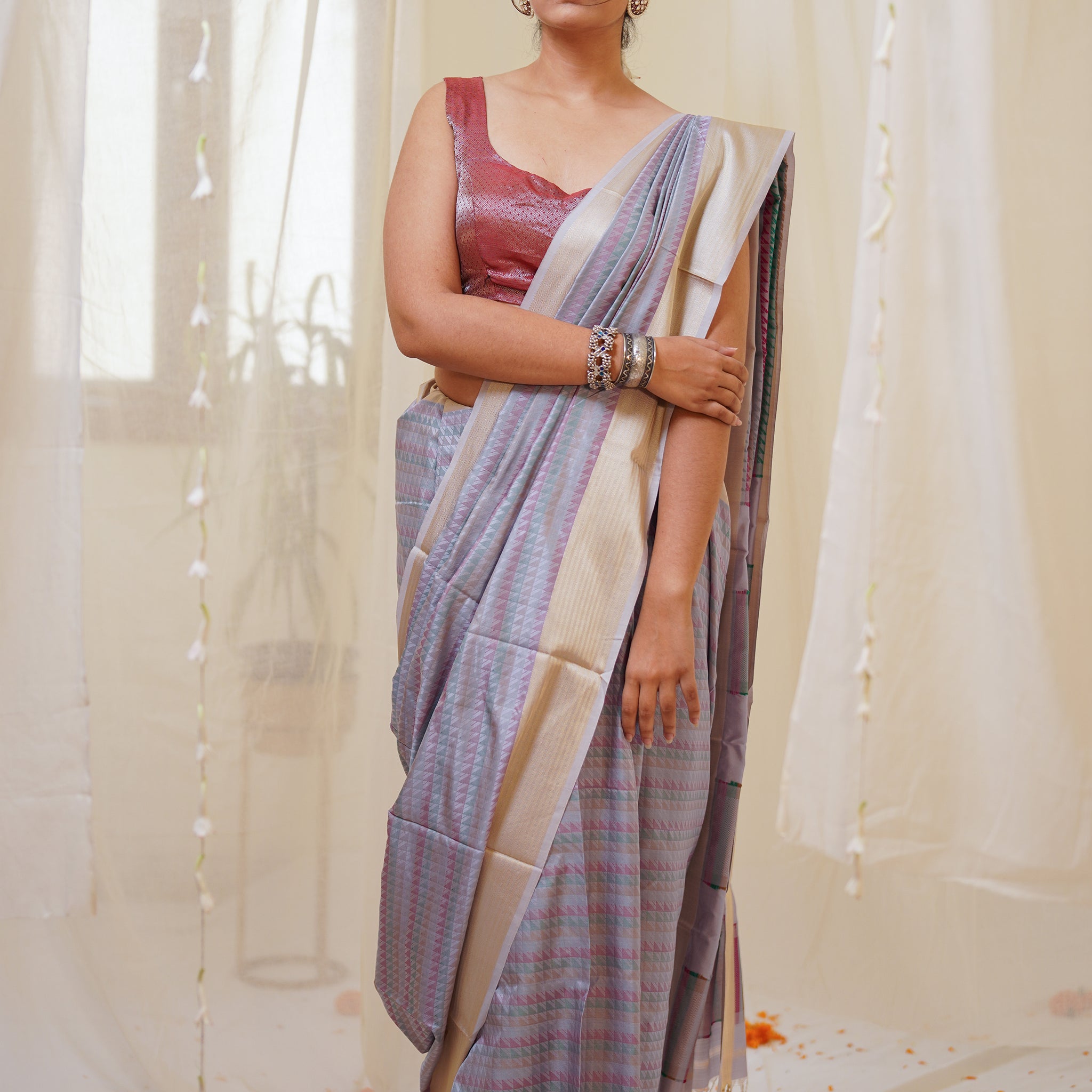 Multicolour Pastel Pure Silk Saree with Jalla Pallu with Beige Lehriya Border