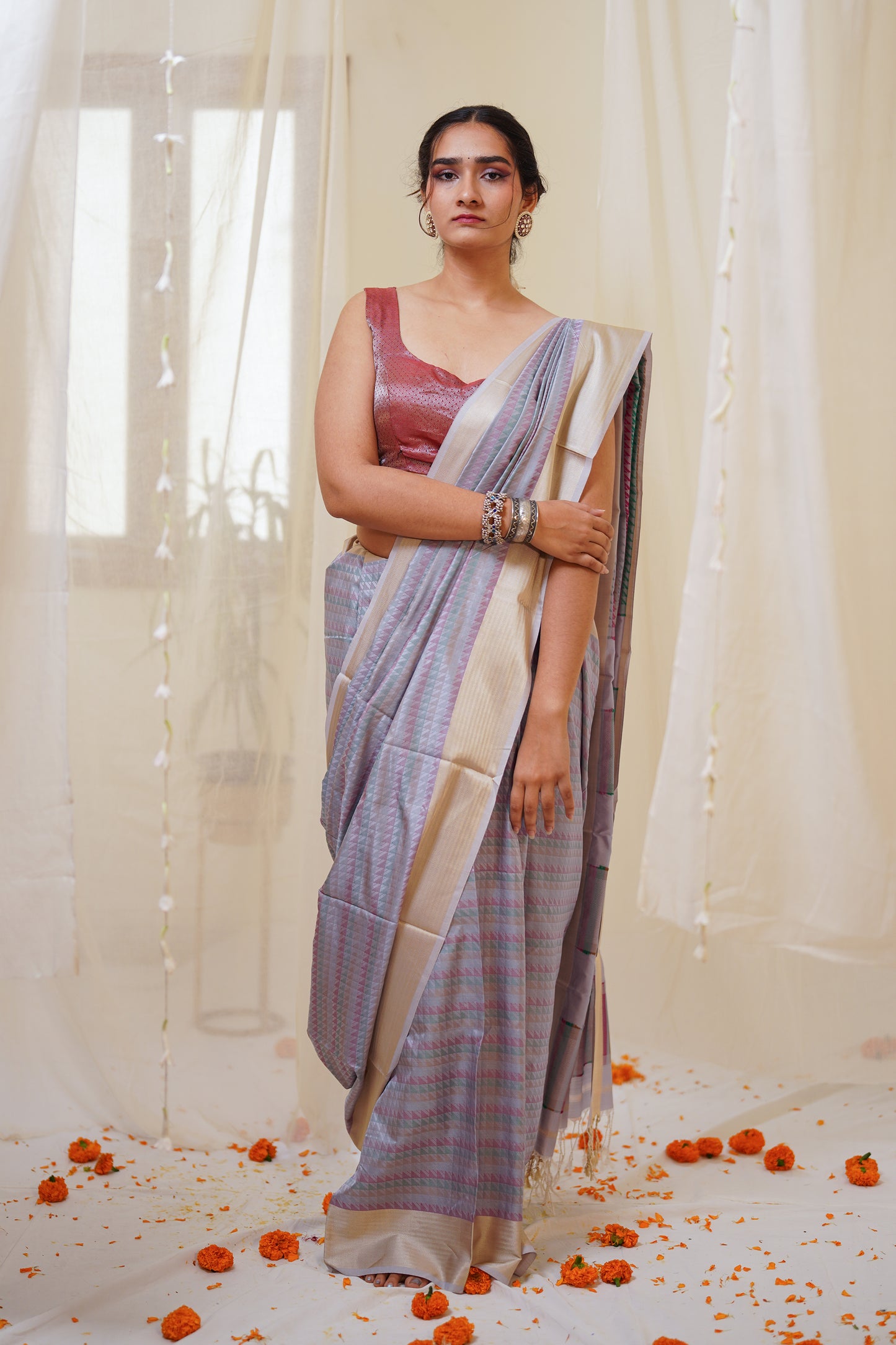 Multicolour Pastel Pure Silk Saree with Jalla Pallu with Beige Lehriya Border