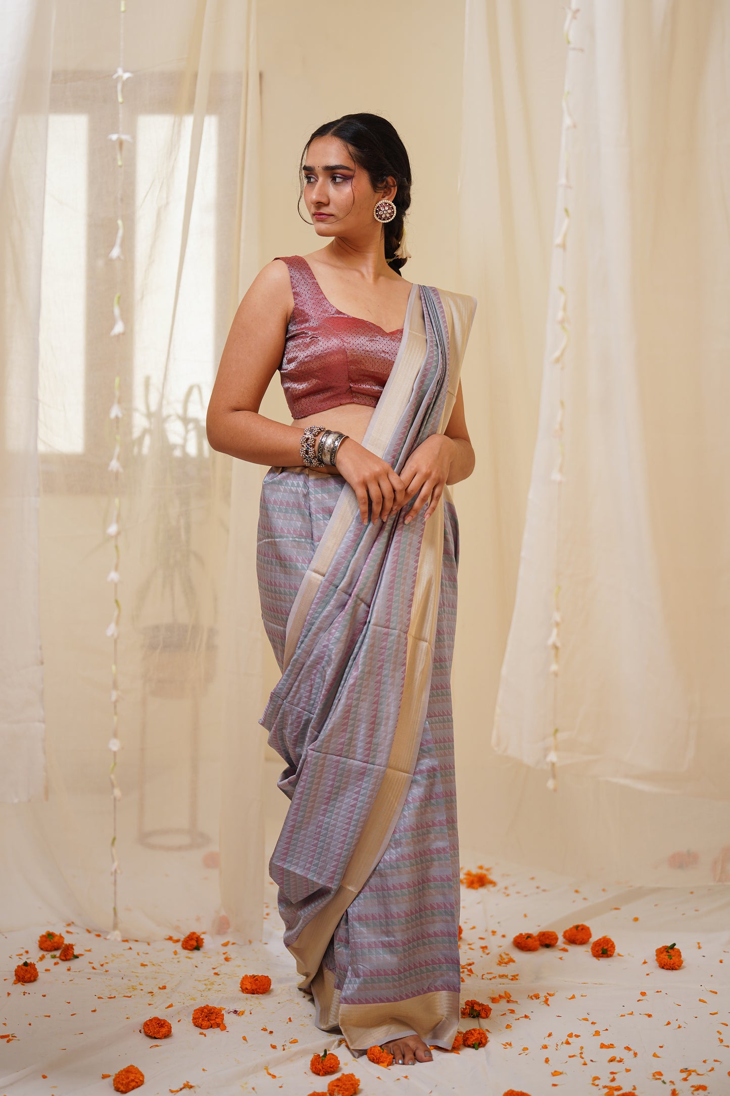 Multicolour Pastel Pure Silk Saree with Jalla Pallu with Beige Lehriya Border