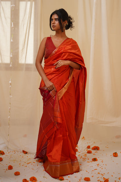 Orange Pure Silk Maheshwari Saree with Striped Palla and Orange Border