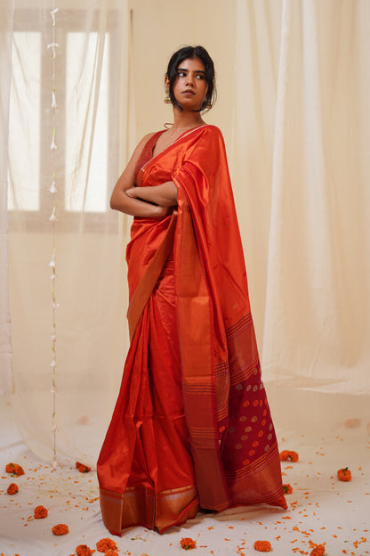 Orange Pure Silk Maheshwari Saree with Striped Palla and Orange Border