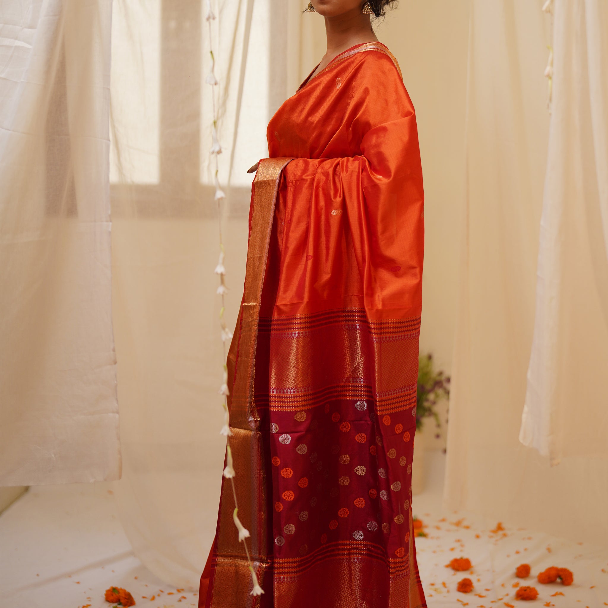 Orange Pure Silk Maheshwari Saree with Striped Palla and Orange Border
