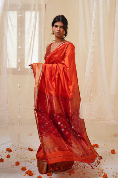 Orange Pure Silk Maheshwari Saree with Striped Palla and Orange Border