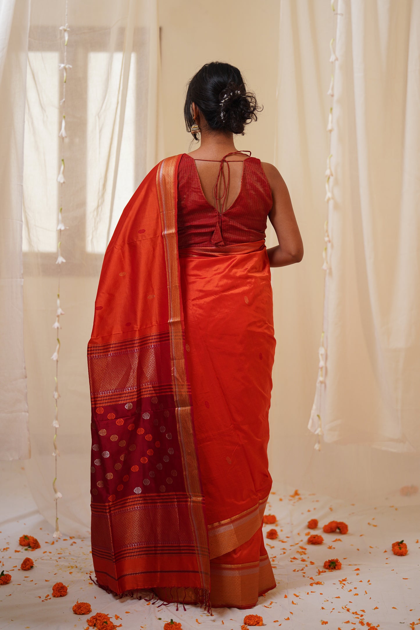 Orange Pure Silk Maheshwari Saree with Striped Palla and Orange Border