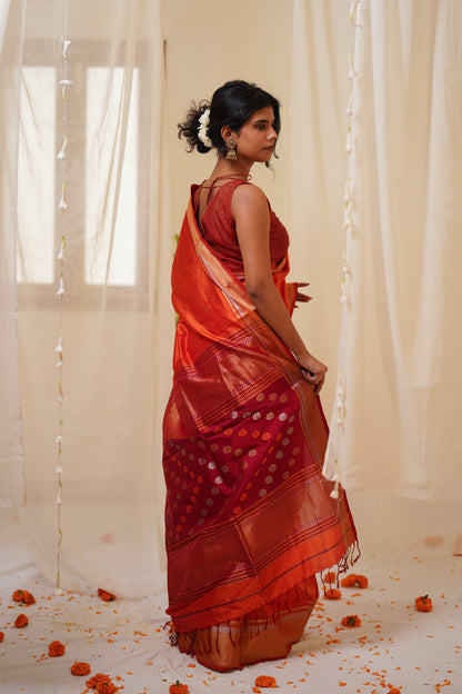 Orange Pure Silk Maheshwari Saree with Striped Palla and Orange Border