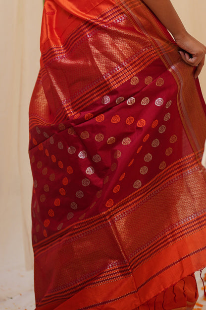 Orange Pure Silk Maheshwari Saree with Striped Palla and Orange Border