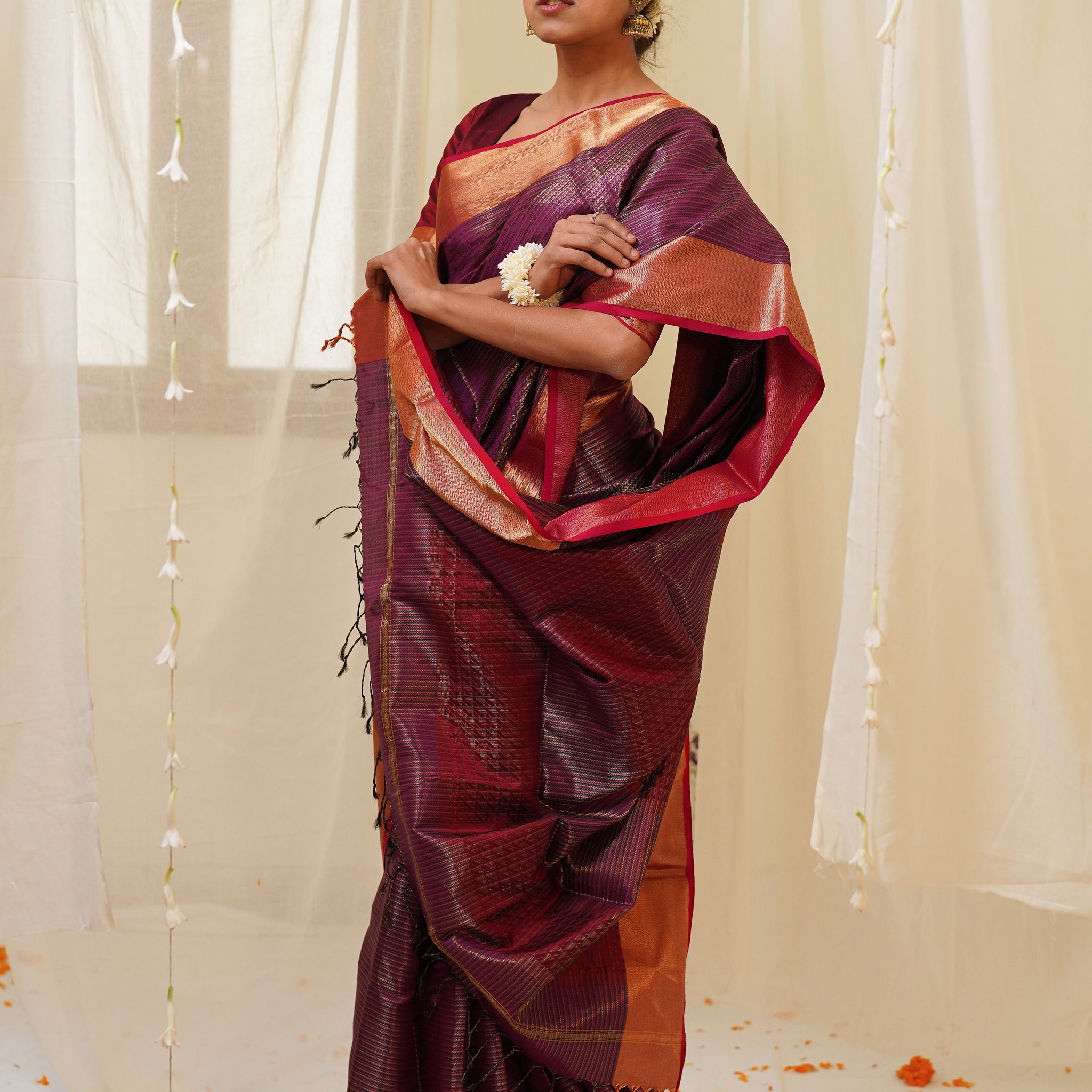 Dual Tone Red and Burgundy Pure Silk Maheshwari Saree with Striped Zari Pattern and Gold Border