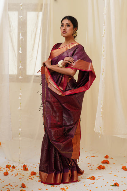 Dual Tone Red and Burgundy Pure Silk Maheshwari Saree with Striped Zari Pattern and Gold Border