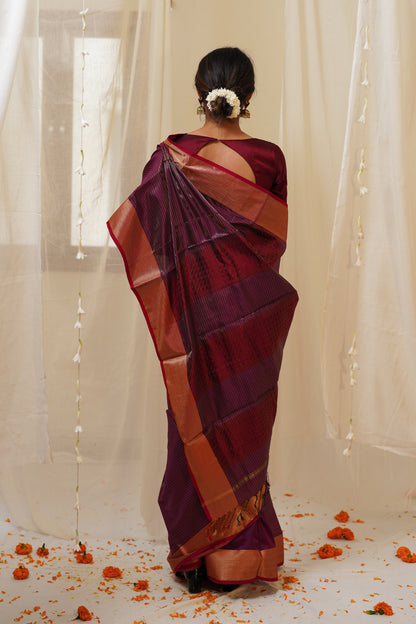 Dual Tone Red and Burgundy Pure Silk Maheshwari Saree with Striped Zari Pattern and Gold Border