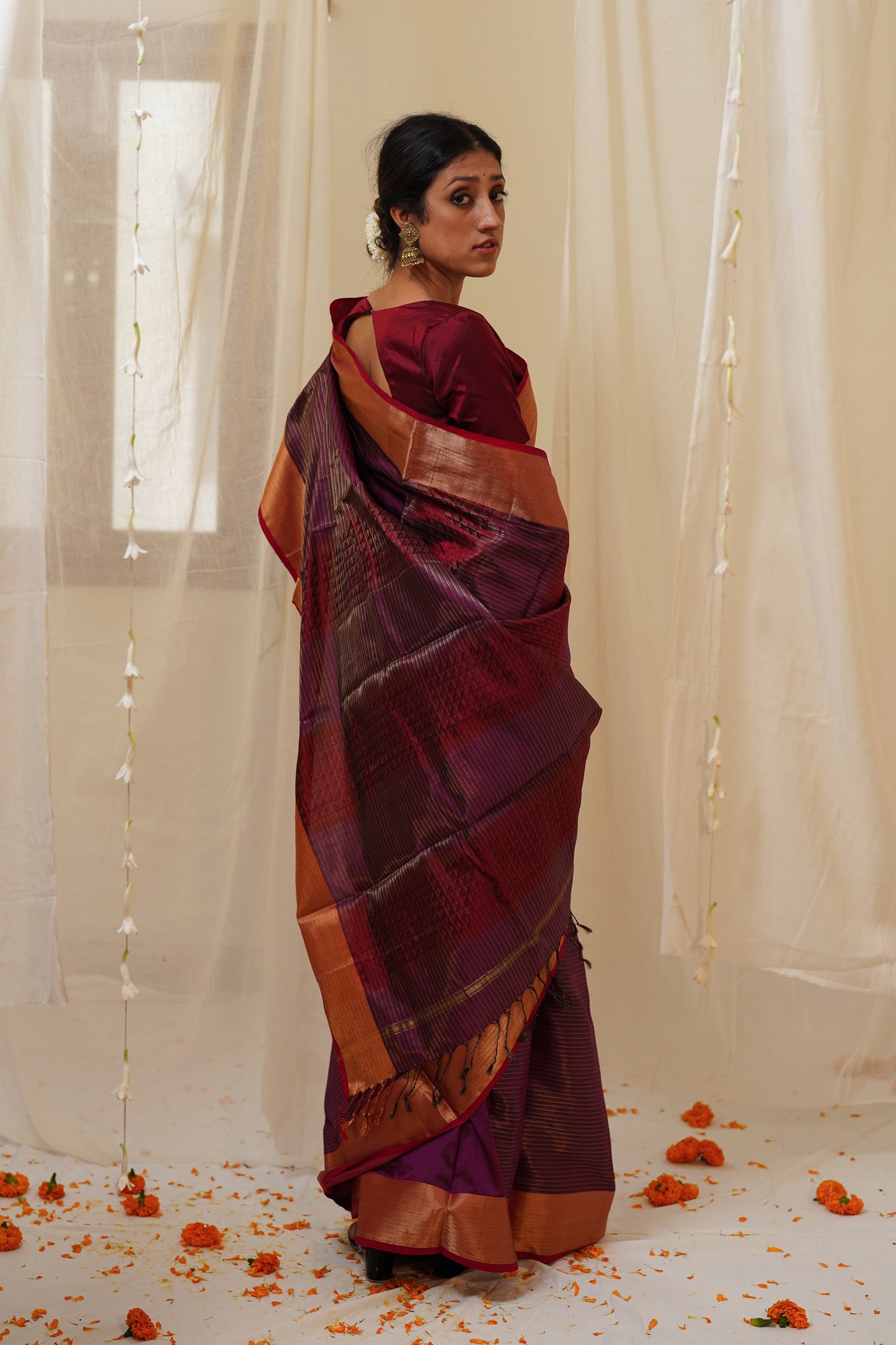 Dual Tone Red and Burgundy Pure Silk Maheshwari Saree with Striped Zari Pattern and Gold Border