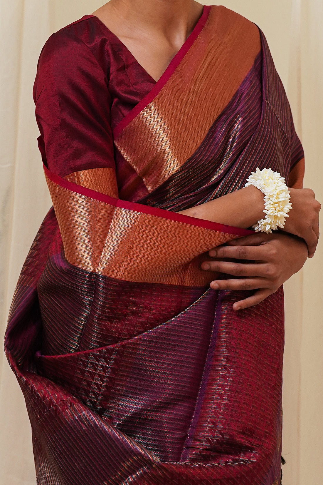 Dual Tone Red and Burgundy Pure Silk Maheshwari Saree with Striped Zari Pattern and Gold Border