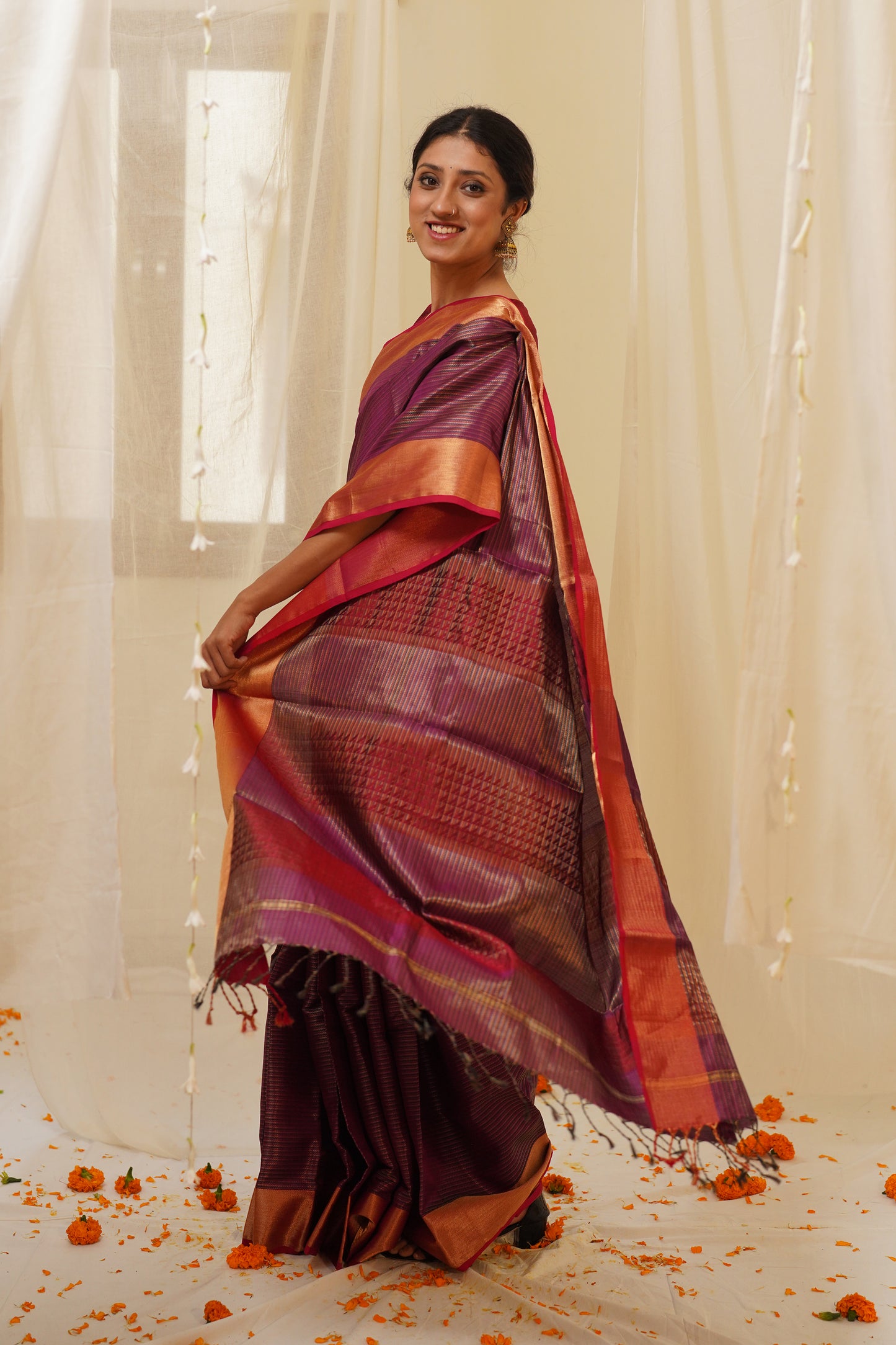 Dual Tone Red and Burgundy Pure Silk Maheshwari Saree with Striped Zari Pattern and Gold Border