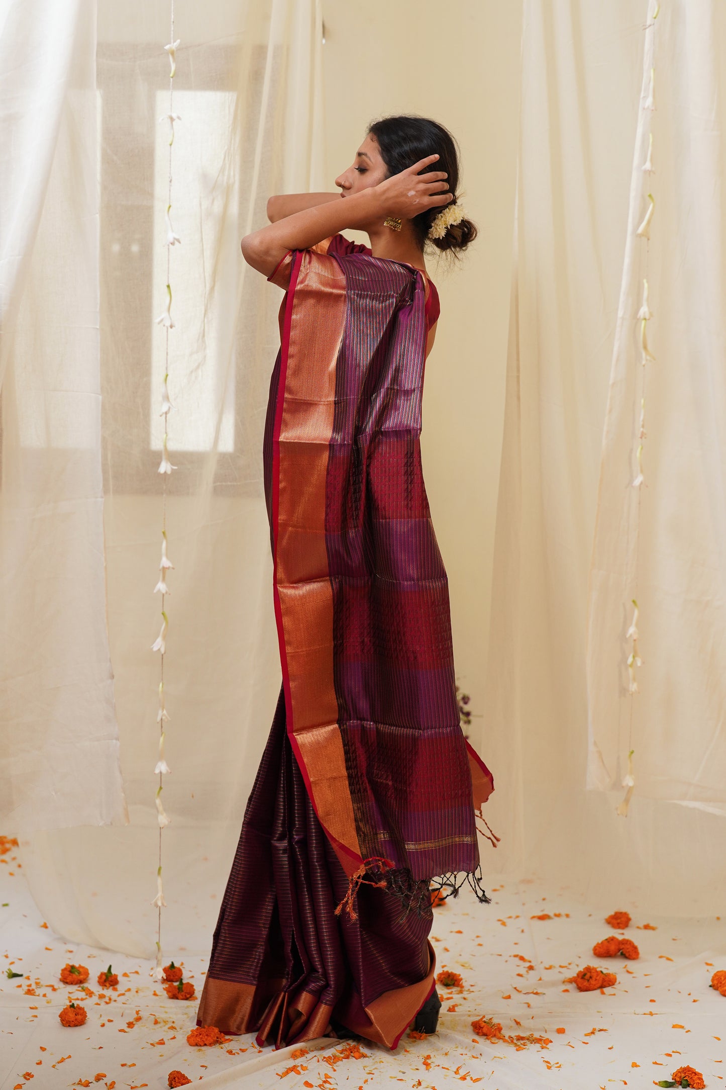 Dual Tone Red and Burgundy Pure Silk Maheshwari Saree with Striped Zari Pattern and Gold Border