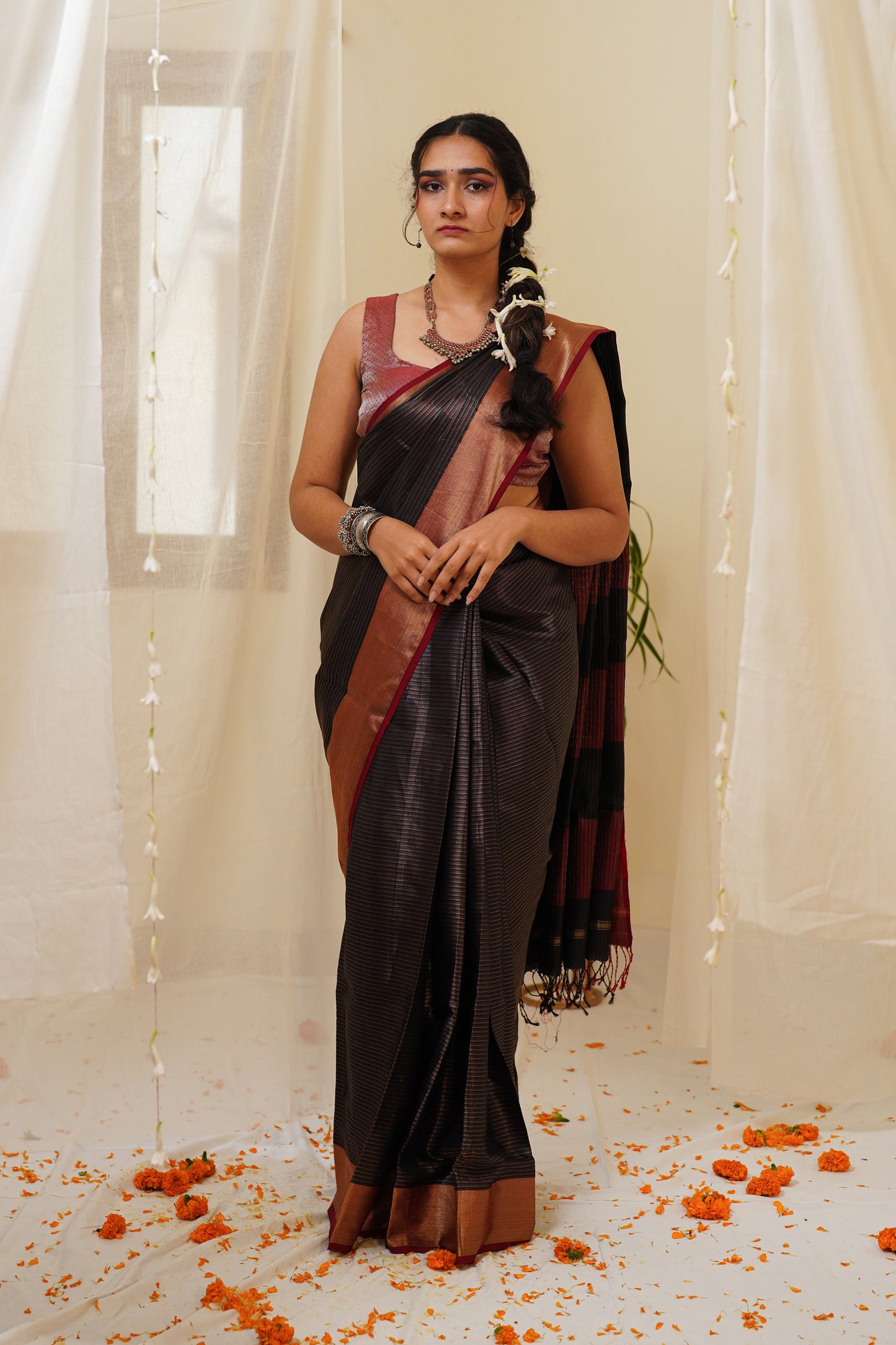 Dark Black Handwoven Zari Pattern All Over Maheshwari Saree with Striped Palla and Multicolour Border