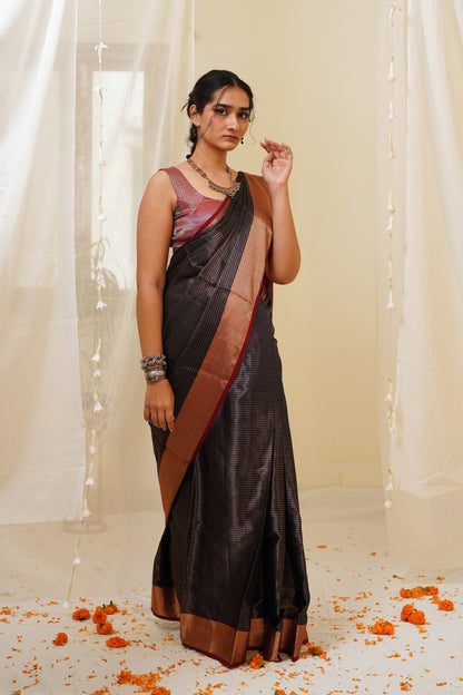 Dark Black Handwoven Zari Pattern All Over Maheshwari Saree with Striped Palla and Multicolour Border