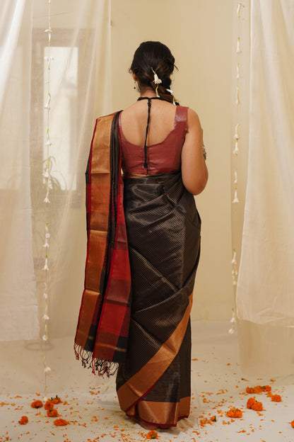 Dark Black Handwoven Zari Pattern All Over Maheshwari Saree with Striped Palla and Multicolour Border