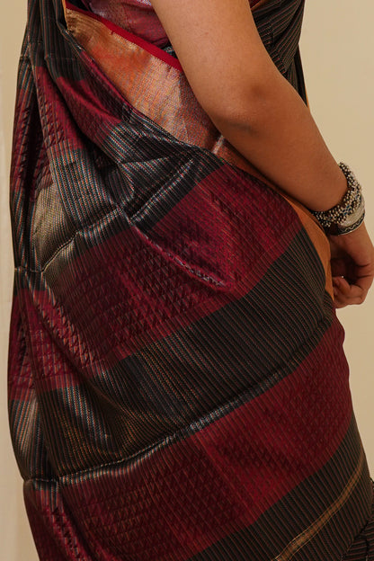 Dark Black Handwoven Zari Pattern All Over Maheshwari Saree with Striped Palla and Multicolour Border