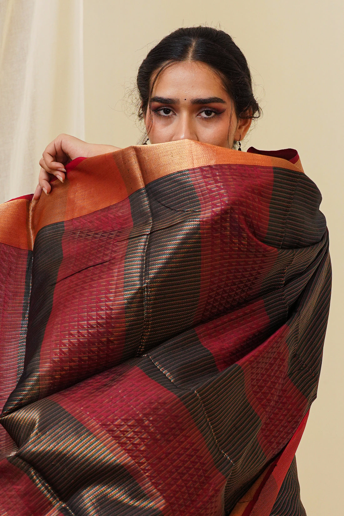 Dark Black Handwoven Zari Pattern All Over Maheshwari Saree with Striped Palla and Multicolour Border