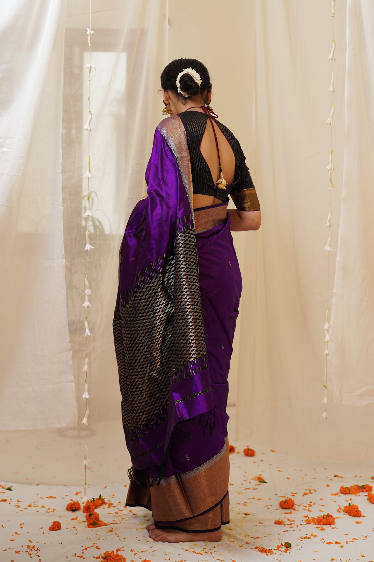 Deep Purple Pure Silk Maheshwari Saree with Multicolour Designer Jalla Pallu and Gold Border