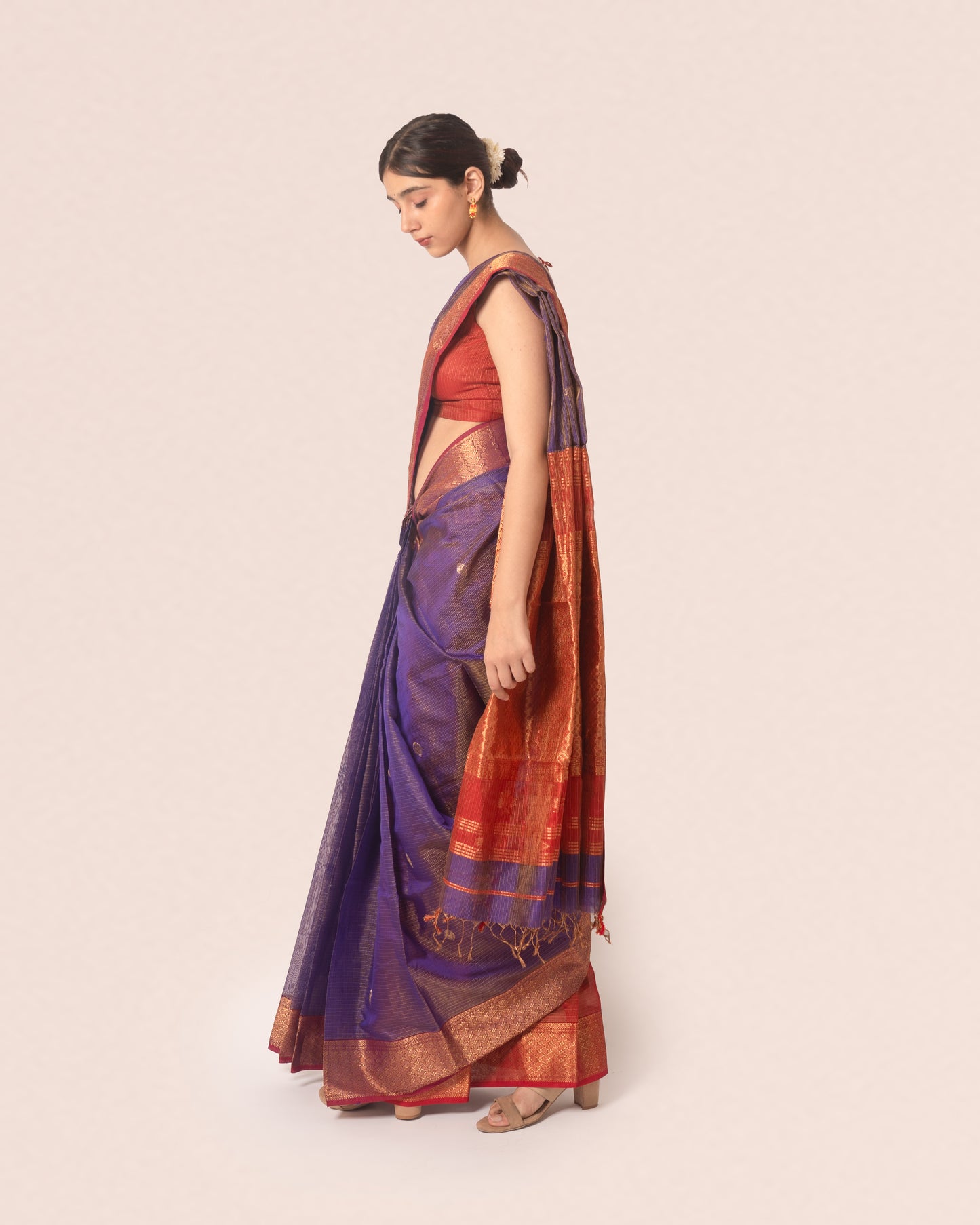 Violet Pure Tissue Silk Maheshwari Saree with Red Border