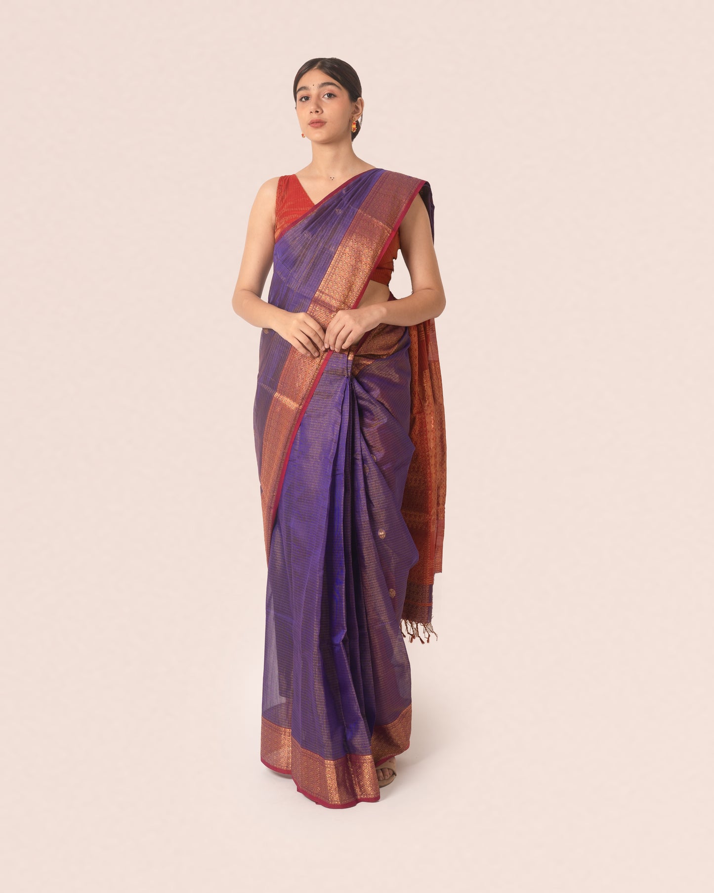 Violet Pure Tissue Silk Maheshwari Saree with Red Border