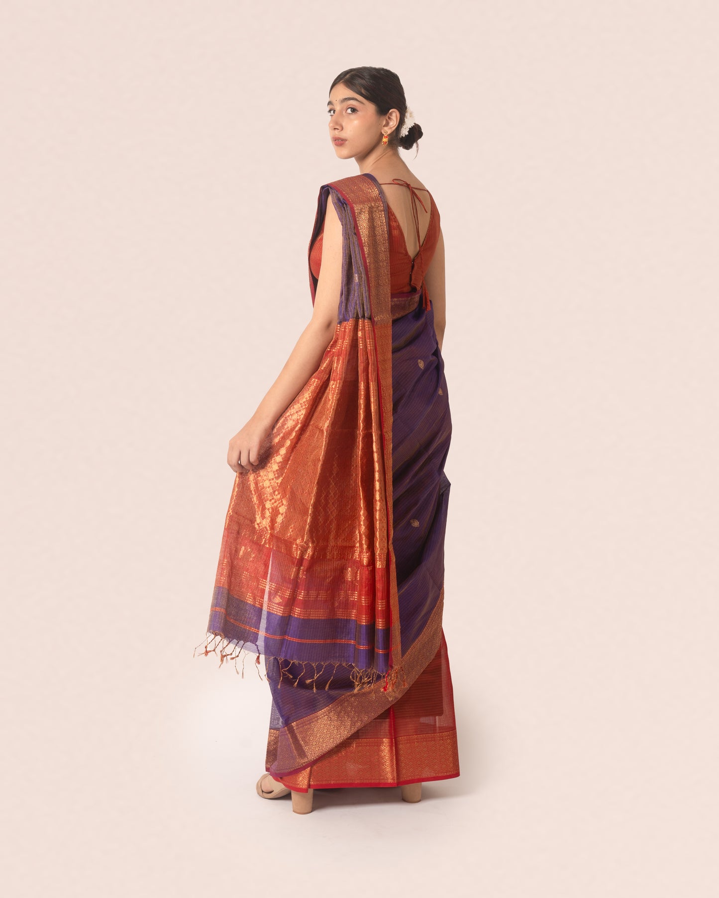 Violet Pure Tissue Silk Maheshwari Saree with Red Border