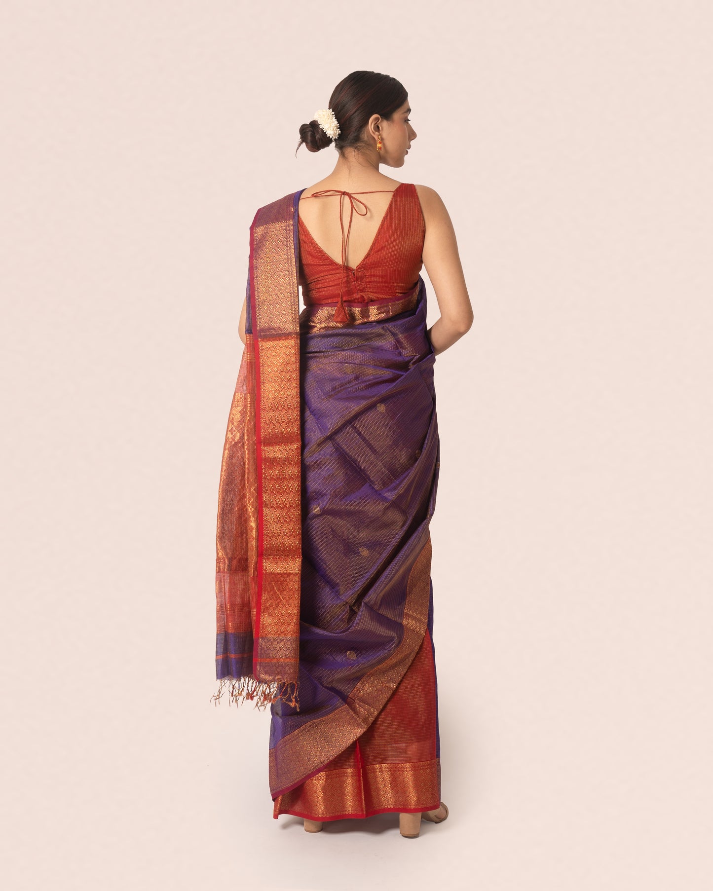 Violet Pure Tissue Silk Maheshwari Saree with Red Border