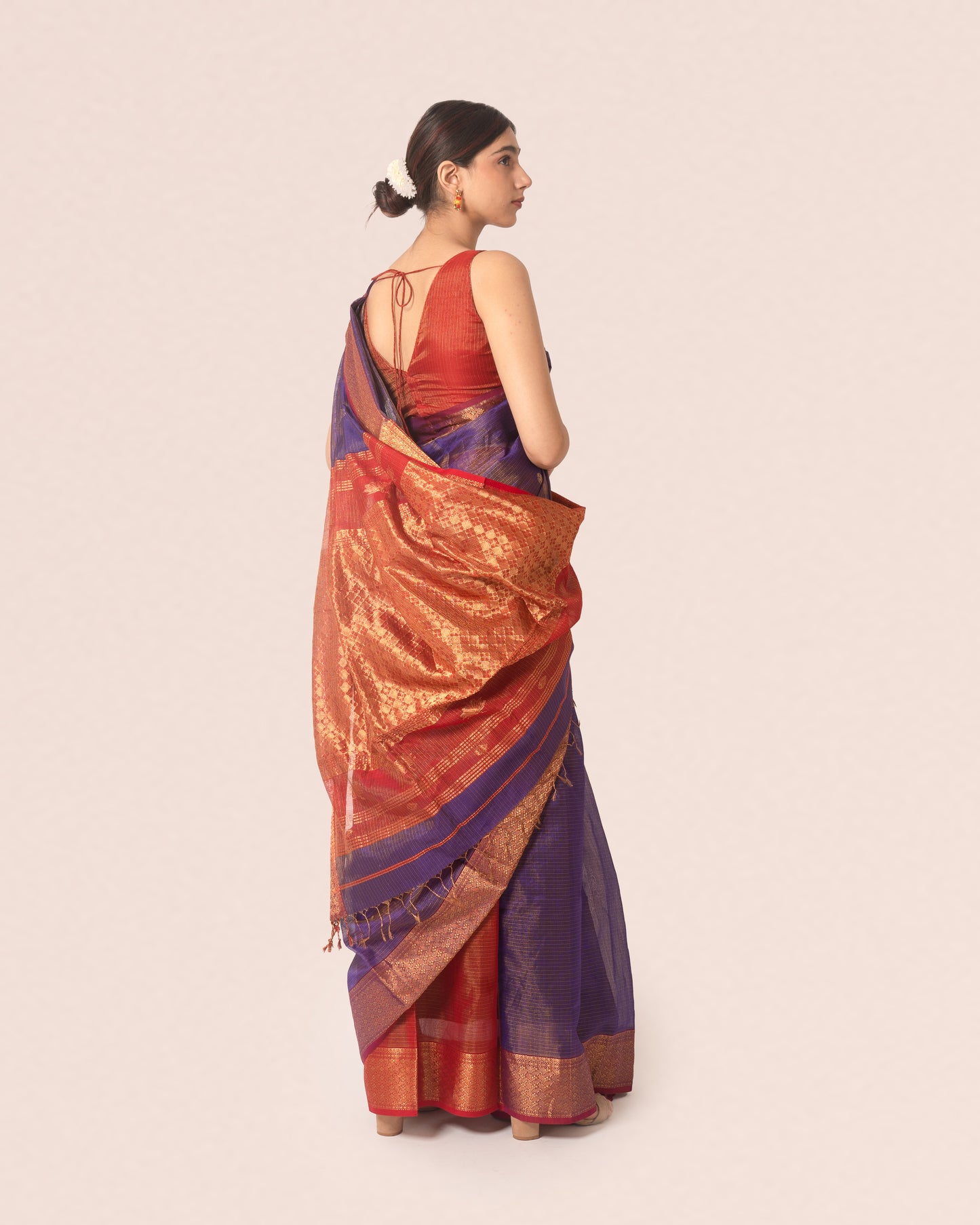 Violet Pure Tissue Silk Maheshwari Saree with Red Border