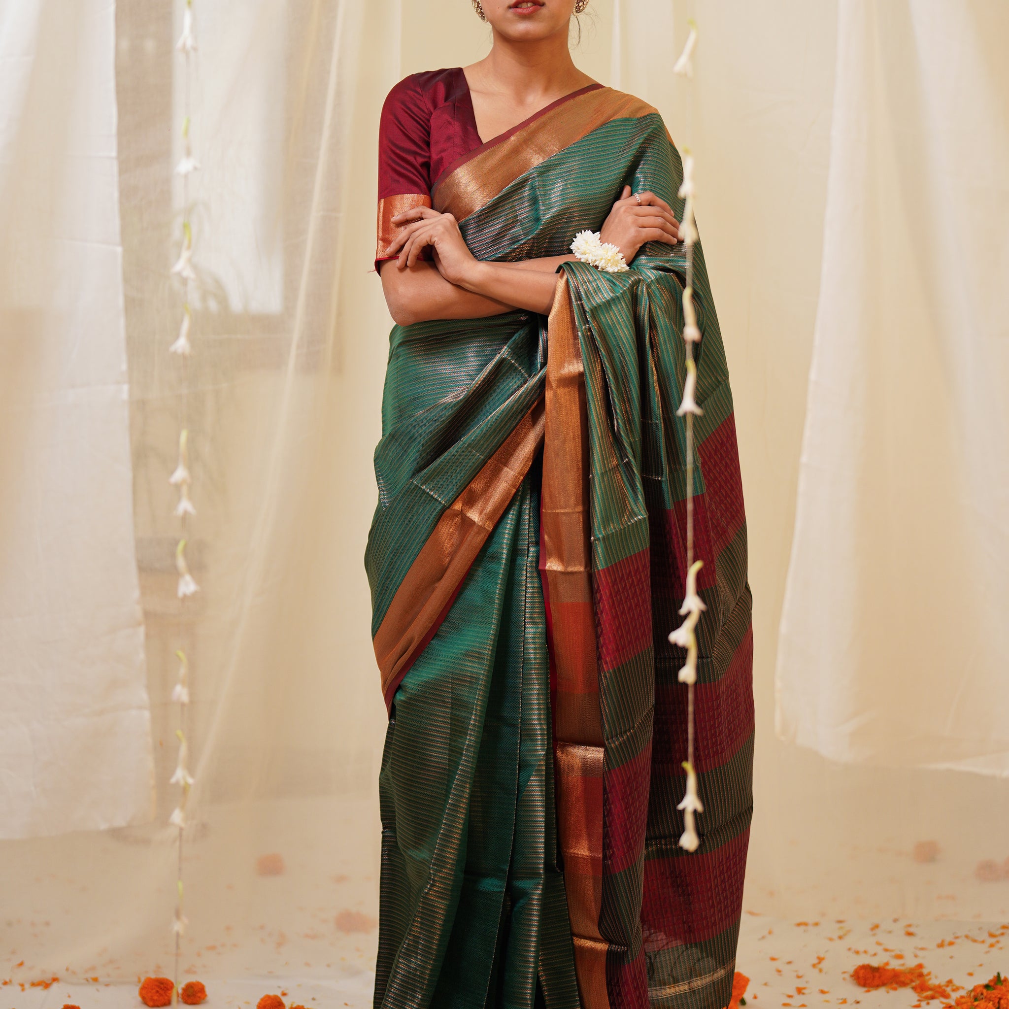 Dual Tone Green and Silk Pure Silk Maheshwari Saree with Striped Palla and Gold Border