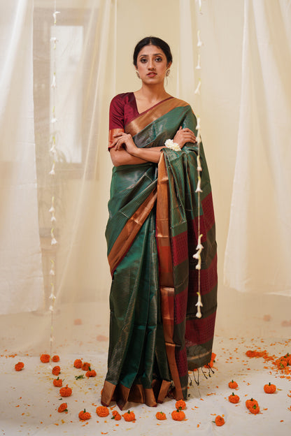 Dual Tone Green and Silk Pure Silk Maheshwari Saree with Striped Palla and Gold Border