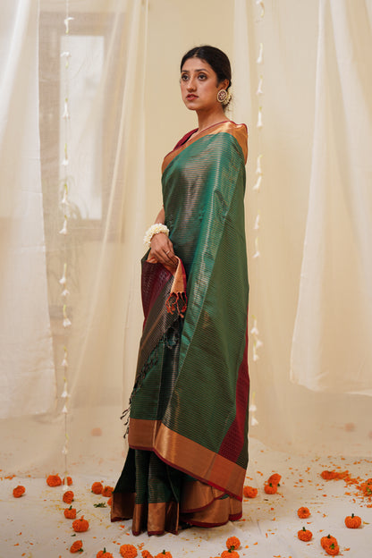 Dual Tone Green and Silk Pure Silk Maheshwari Saree with Striped Palla and Gold Border