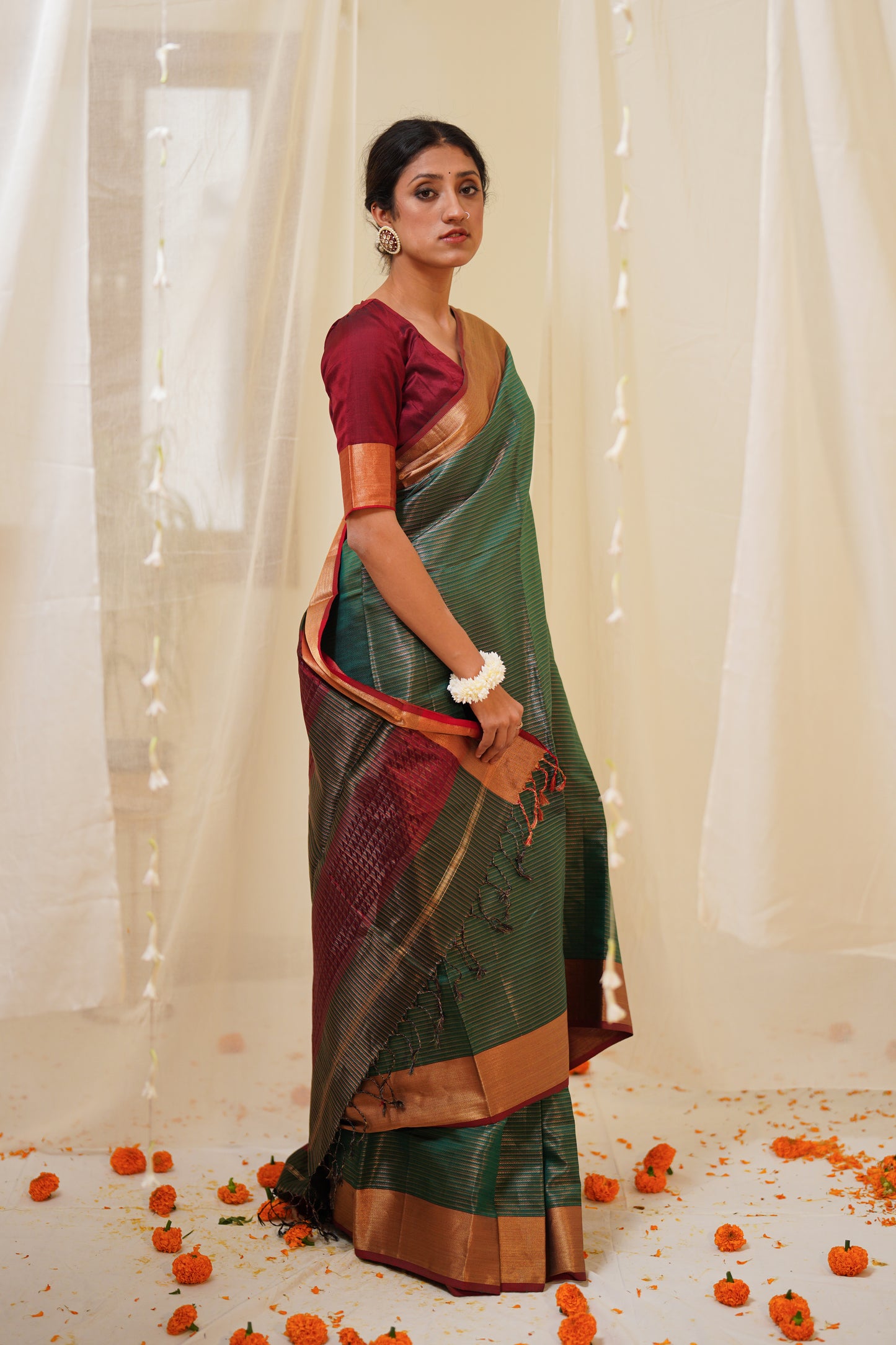 Dual Tone Green and Silk Pure Silk Maheshwari Saree with Striped Palla and Gold Border