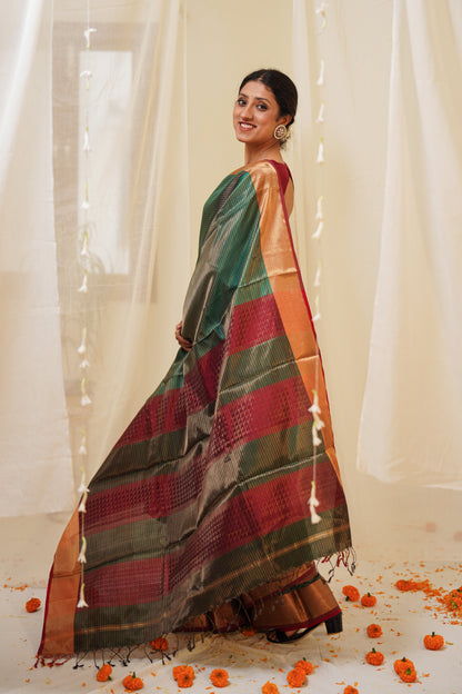 Dual Tone Green and Silk Pure Silk Maheshwari Saree with Striped Palla and Gold Border