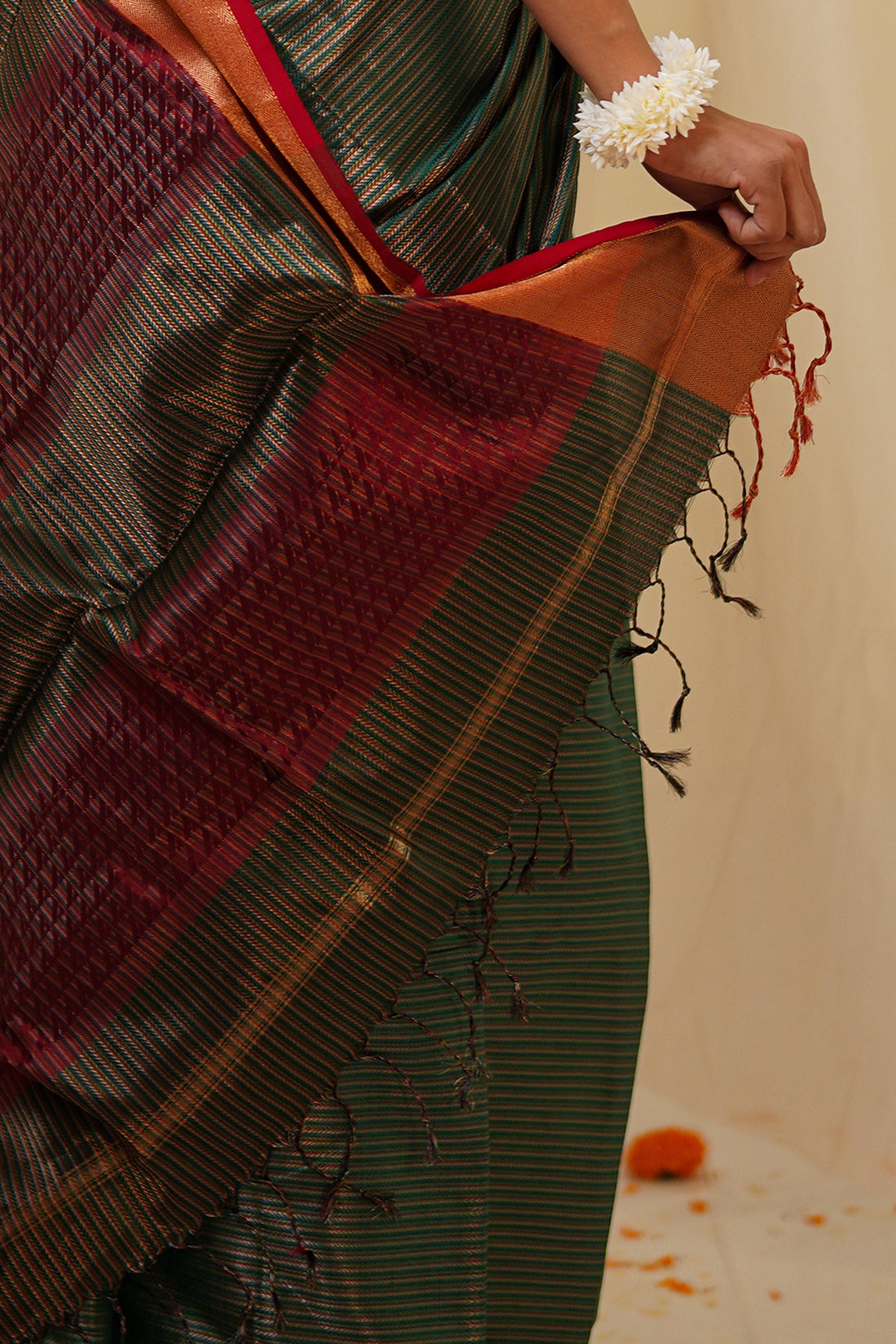 Dual Tone Green and Silk Pure Silk Maheshwari Saree with Striped Palla and Gold Border