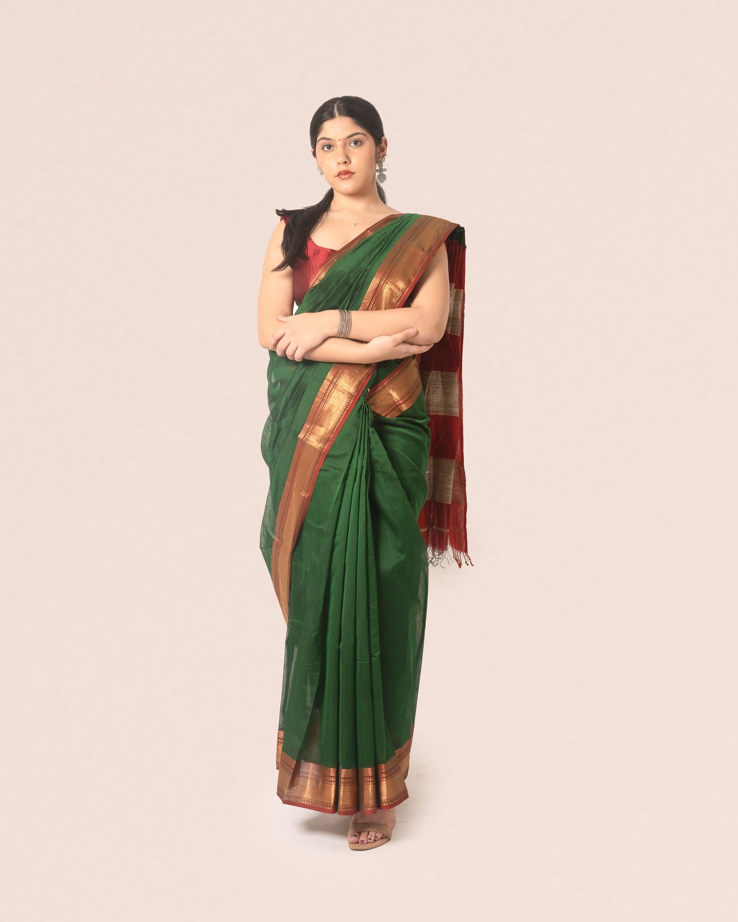 Green Pure Silk Cotton Maheshwari Saree with Striped Palla and Red and Gold Zari Border