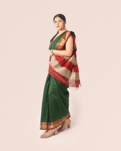 Green Pure Silk Cotton Maheshwari Saree with Striped Palla and Red and Gold Zari Border