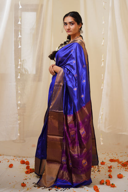 Royal Blue Pure Silk Maheshwari Saree with Wine Booti Palla and Gold Border