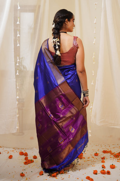 Royal Blue Pure Silk Maheshwari Saree with Wine Booti Palla and Gold Border