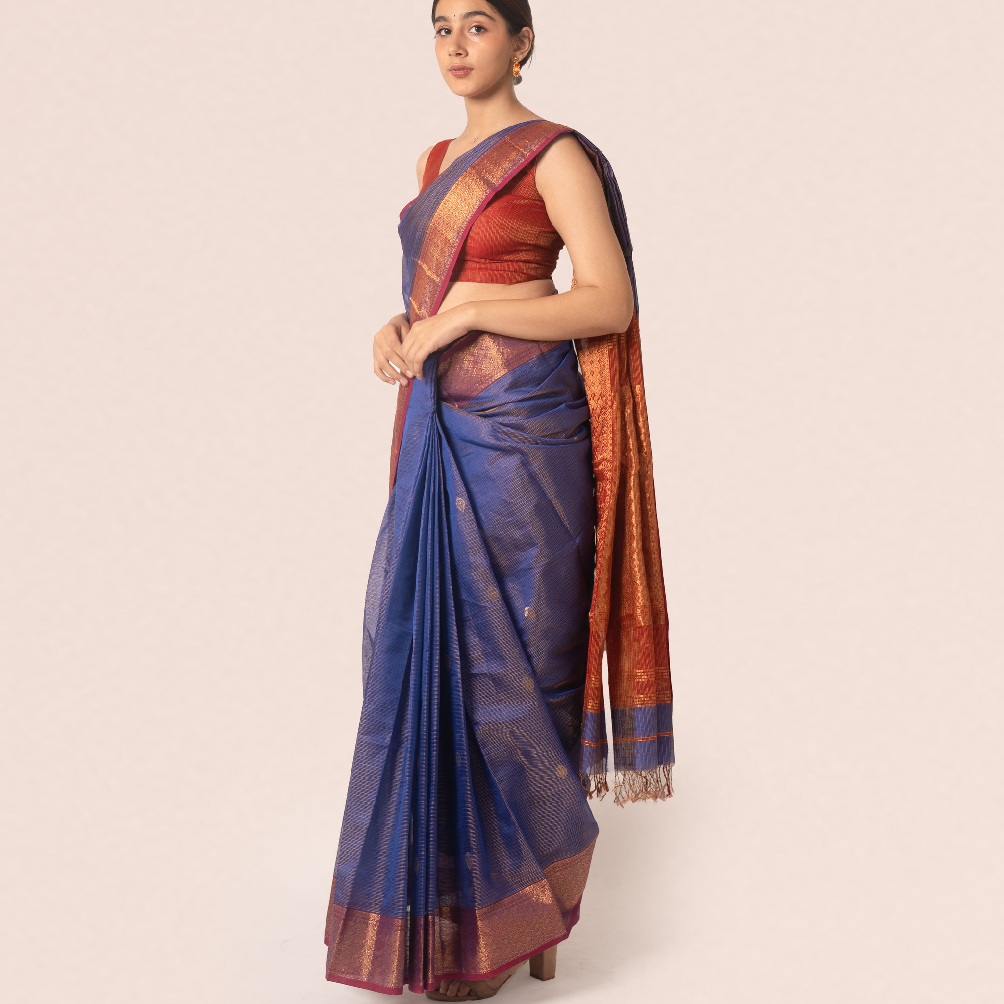 Dual Tone Chambray Blue Gold Tissue Silk Maheshwari Saree with Red and Gold Border