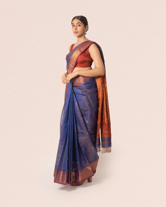 Dual Tone Chambray Blue Gold Tissue Silk Maheshwari Saree with Red and Gold Border