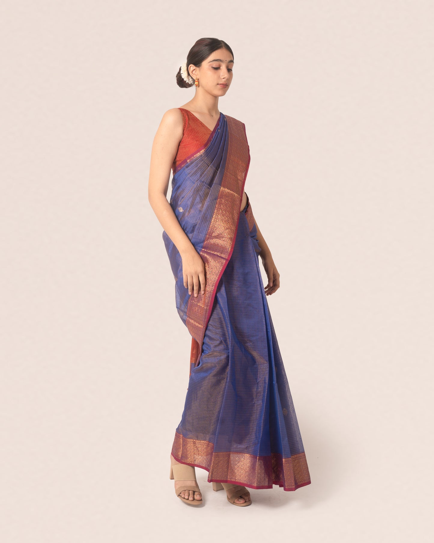 Dual Tone Chambray Blue Gold Tissue Silk Maheshwari Saree with Red and Gold Border