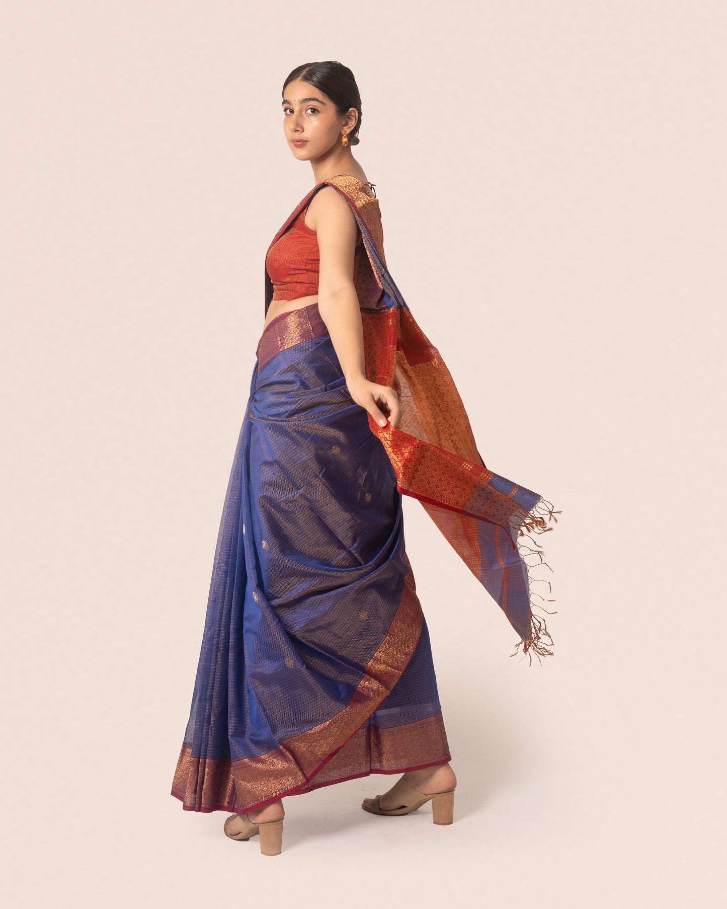 Dual Tone Chambray Blue Gold Tissue Silk Maheshwari Saree with Red and Gold Border