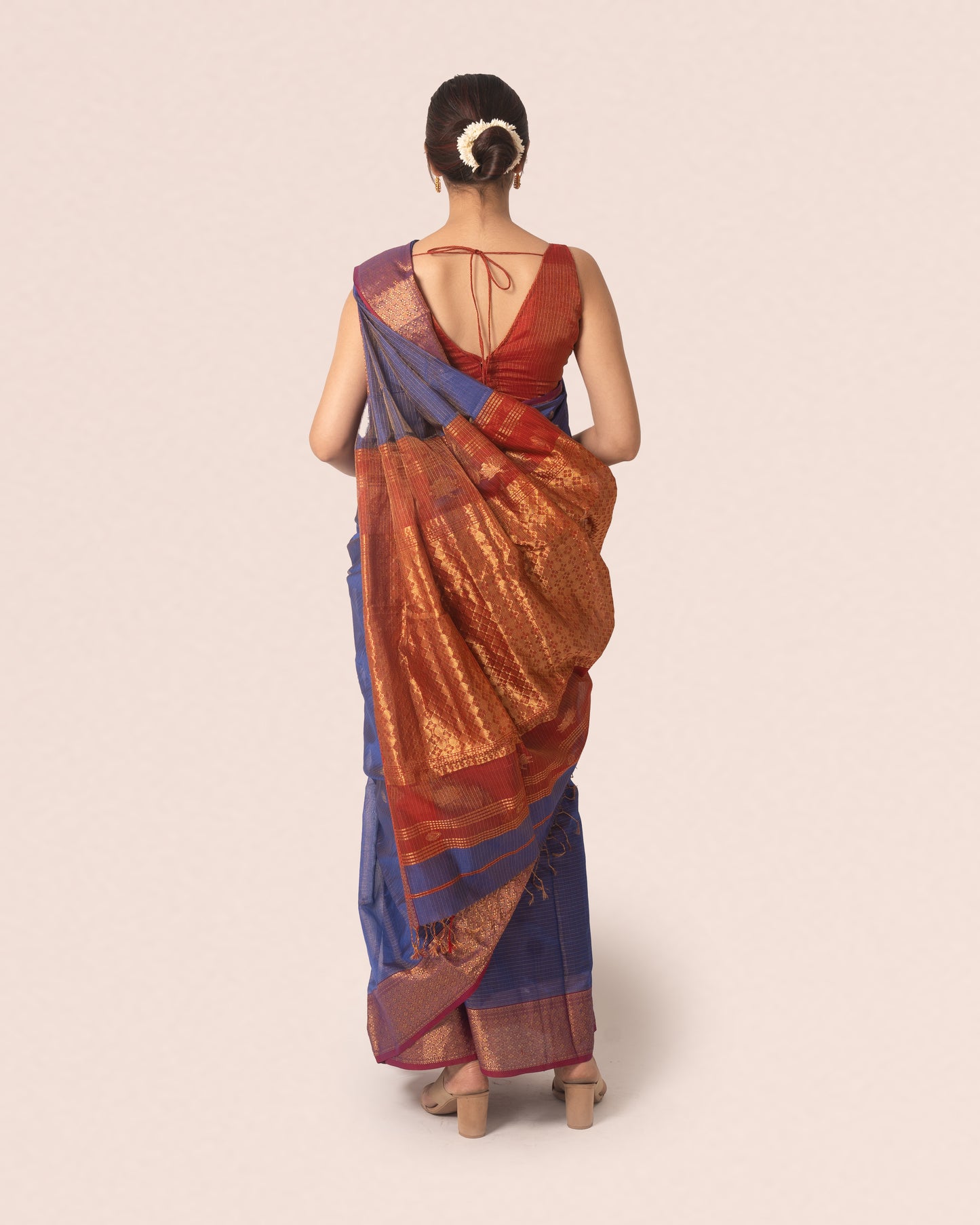 Dual Tone Chambray Blue Gold Tissue Silk Maheshwari Saree with Red and Gold Border