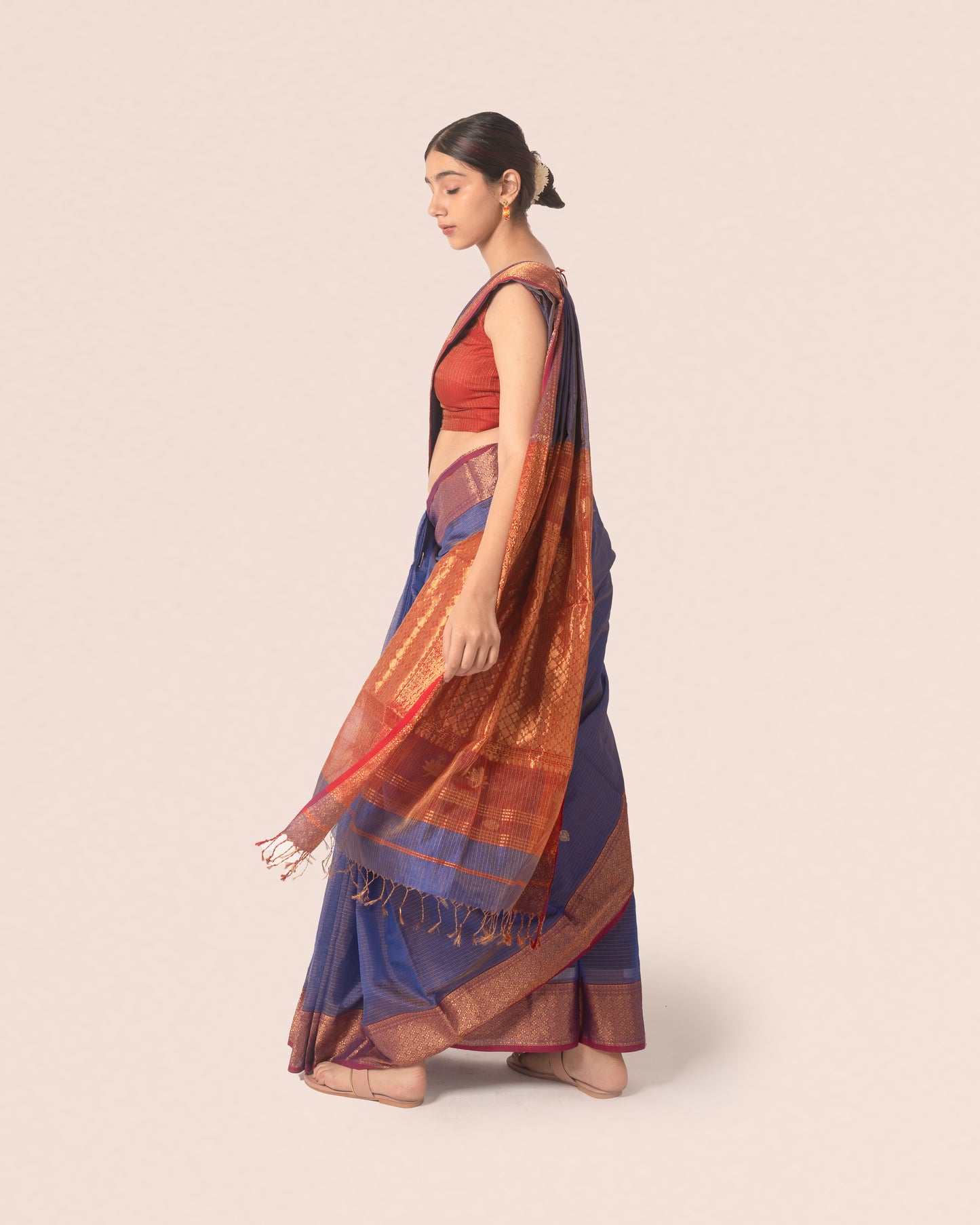 Dual Tone Chambray Blue Gold Tissue Silk Maheshwari Saree with Red and Gold Border